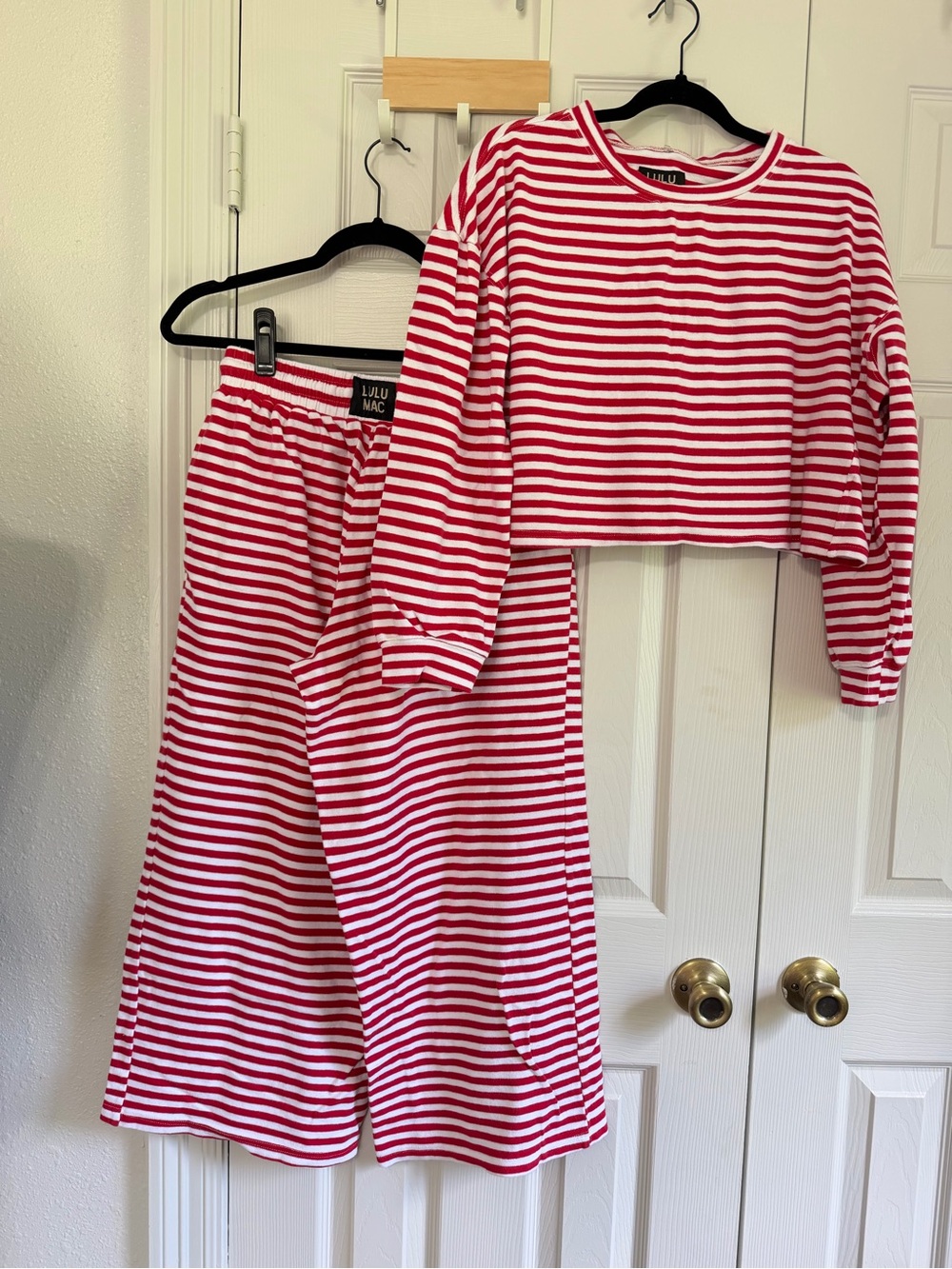 Lulu Mac Red Stripe Lounge Set Top S Bottom M matching set cozy holiday wide leg